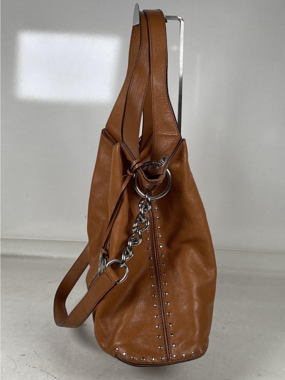 Michael Kors Brown Leather Studded Hobo Shoulder Bag MK Charm - Picture 9 of 9